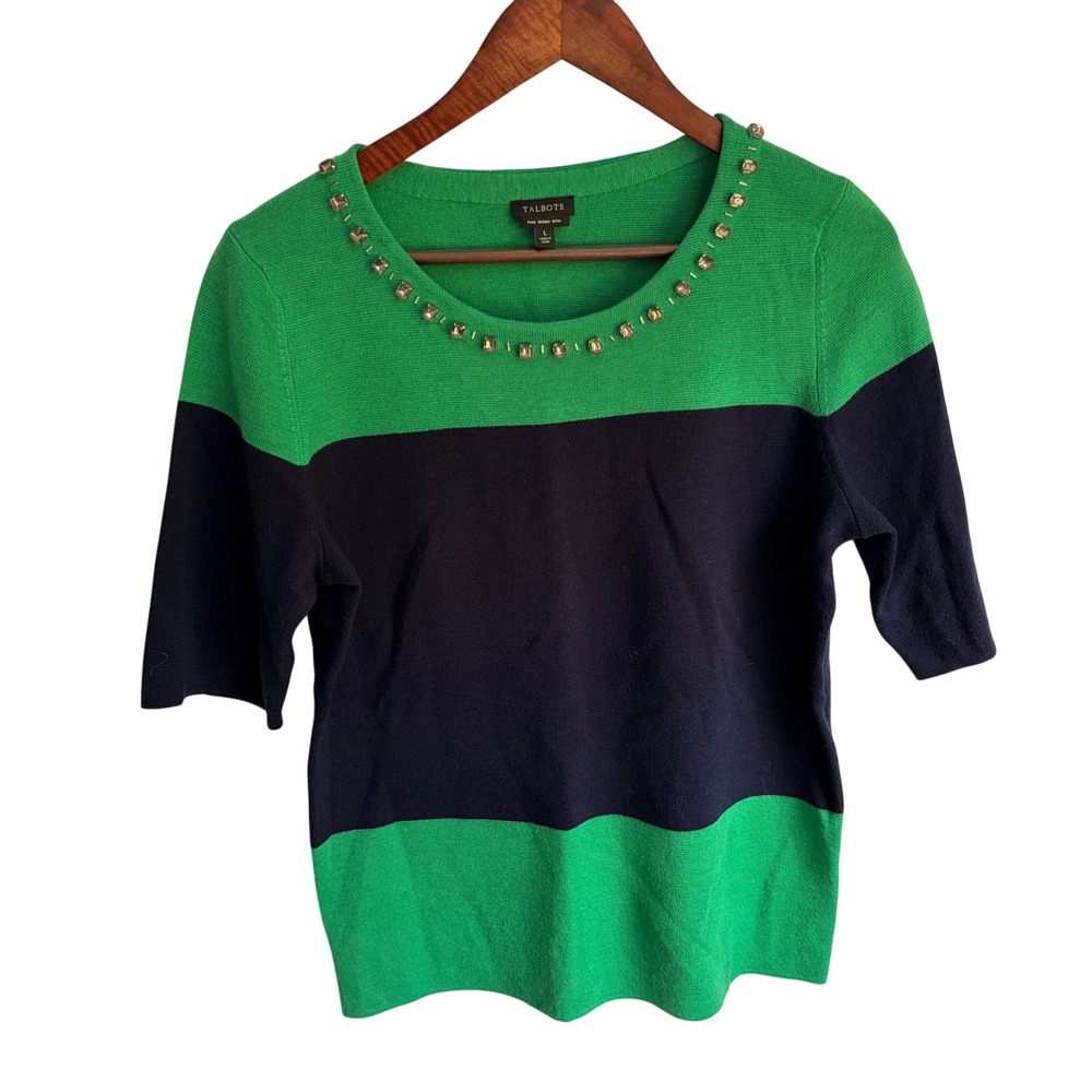 Talbots Merino Wool‎ Sweater Large Green Navy Embellished Colorblock Beaded
